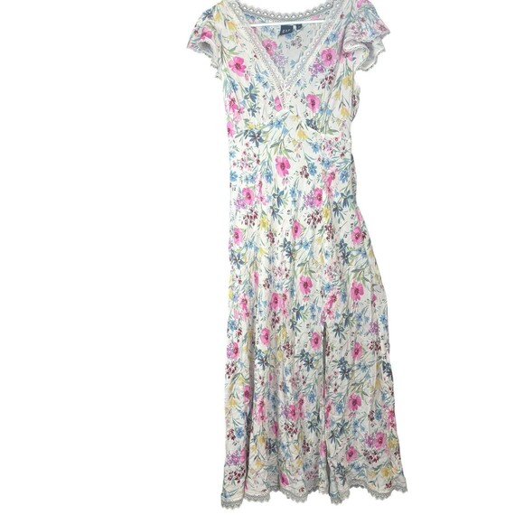 Gap Lace-Trim V-Neck Crepe Maxi Dress Small White Floral Pink Blue Cottagecore - Picture 2 of 11